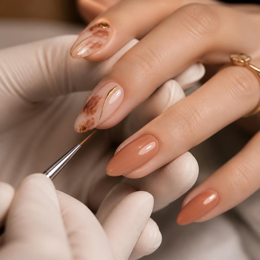 Detalhe de nail design premium sendo finalizado com pincel fino