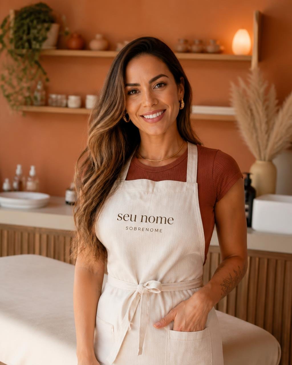 Profissional de beleza sorrindo em seu próprio estúdio